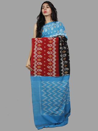 Sky Blue Black Red Ikat Handwoven Pochampally Mercerized Cotton Saree - S031701409