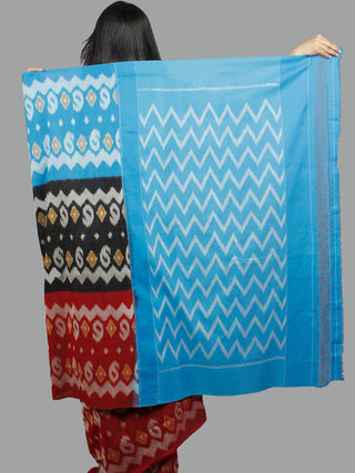 Sky Blue Black Red Ikat Handwoven Pochampally Mercerized Cotton Saree - S031701409