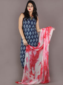 Indigo White Hand Block Printed Cotton Suit-Salwar Fabric With Chiffon Dupatta - S1628141