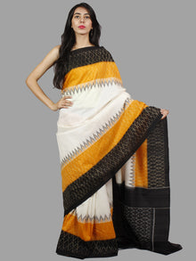 Golden Yellow Ivory Black Ikat Handwoven Pochampally Mercerized Cotton Saree - S031701410