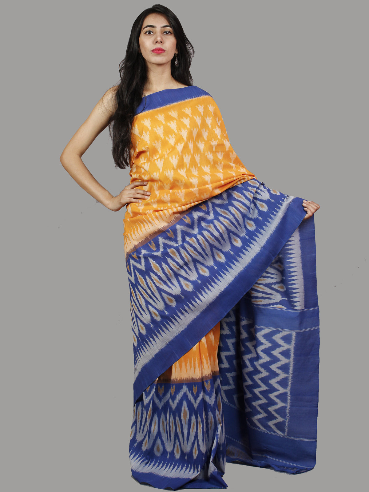 Blue Orange Ivory Ikat Handwoven Pochampally Mercerized Cotton Saree - S031701412
