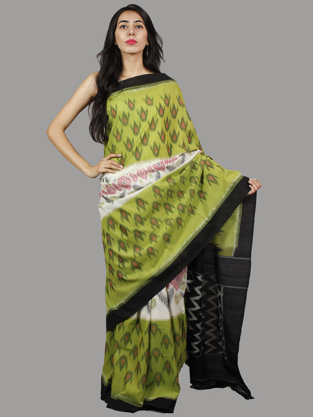 Pear Green Ivory Black Ikat Handwoven Pochampally Mercerized Cotton Saree - S031701414