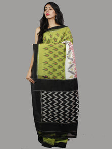 Pear Green Ivory Black Ikat Handwoven Pochampally Mercerized Cotton Saree - S031701414