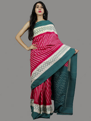 Basil Green Pink Ivory Grey Handwoven Pochampally Mercerized Cotton Saree - S031701419
