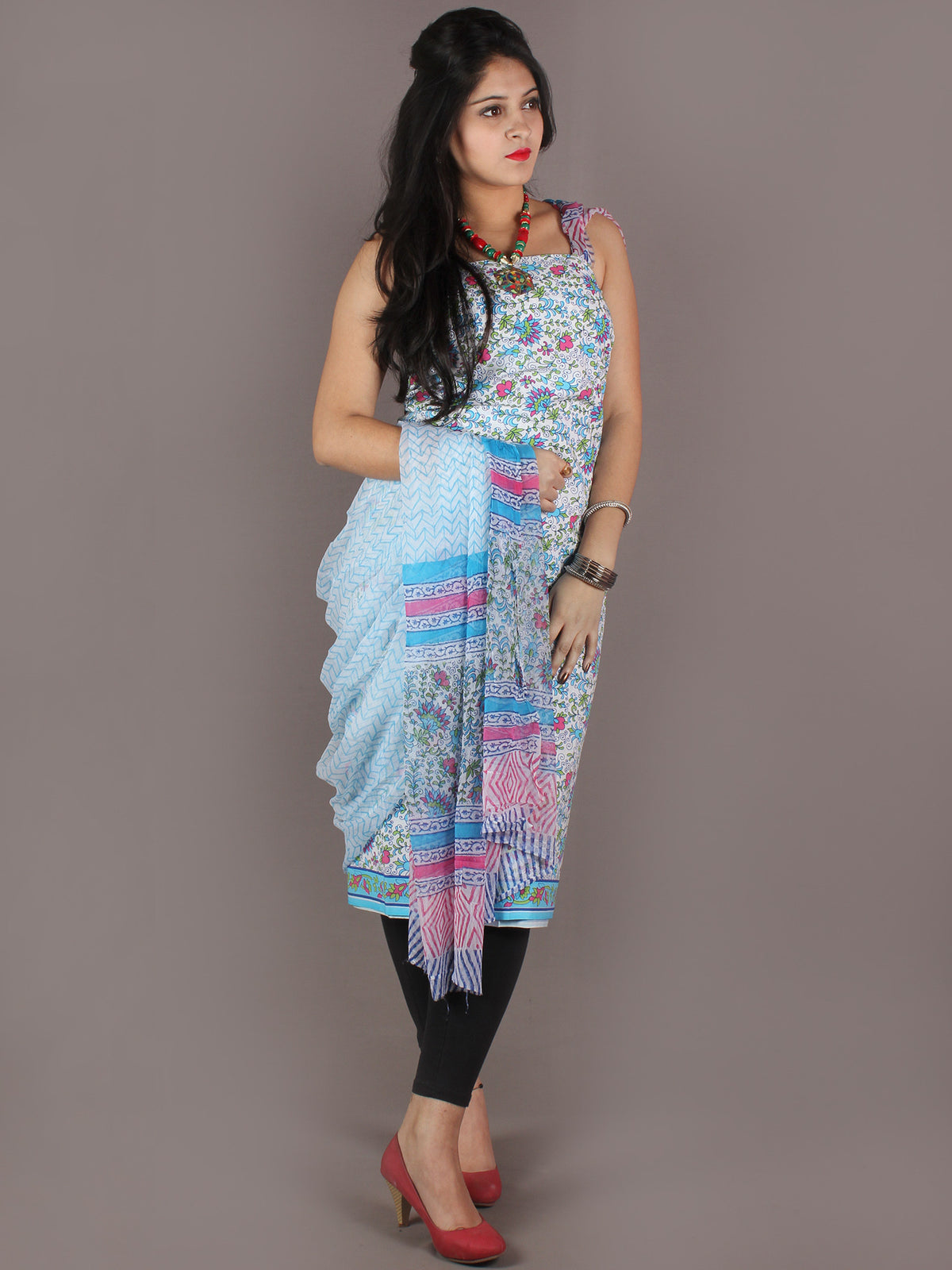 White Multi Hand Block Printed Cotton Suit-Salwar Fabric With Chiffon Dupatta - S1628142