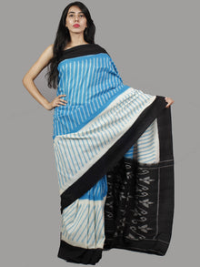 Azure Ivory Black Ikat Handwoven Pochampally Mercerized Cotton Saree - S031701420
