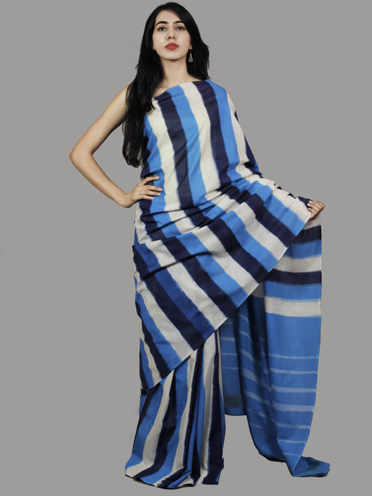 Indigo Blue White Ikat Handwoven Pochampally Mercerized Cotton Saree - S031701422