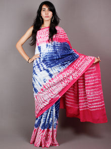 Indigo Pink White Hand Shibori Dyed Cotton Mul Saree  - S03170464