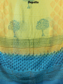 Sky Blue Yellow Hand Block Printed Cotton Suit-Salwar Fabric With Chiffon Dupatta - S1628143