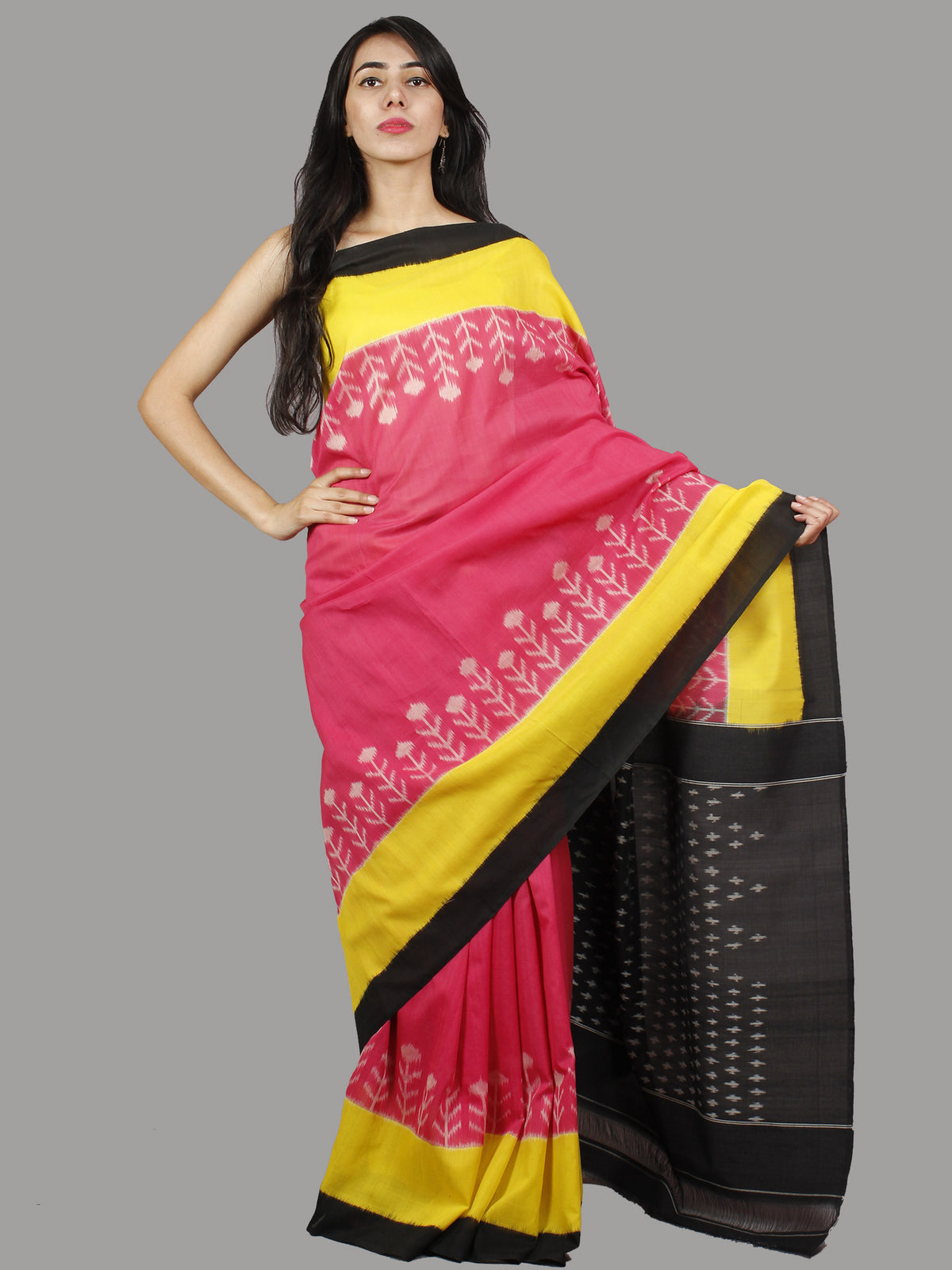 Pink Yellow Black Ivory Ikat Handwoven Pochampally Mercerized Cotton Saree - S031701432