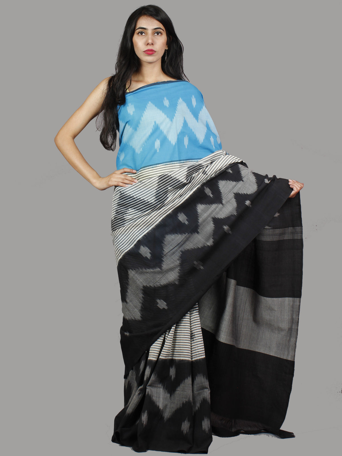 Blue Ivory Black Grey Ikat Handwoven Pochampally Mercerized Cotton Saree - S031701434