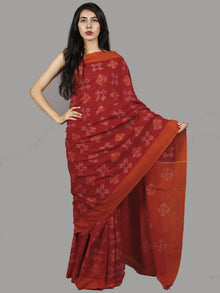 Cherry Red Rust Ivory Ikat Handwoven Pochampally Mercerized Cotton Saree - S031701437