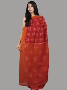 Cherry Red Rust Ivory Ikat Handwoven Pochampally Mercerized Cotton Saree - S031701437