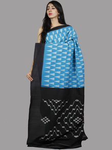 Cerulean Blue Black Ivory Grey Ikat Handwoven Pochampally Mercerized Cotton Saree - S031701440