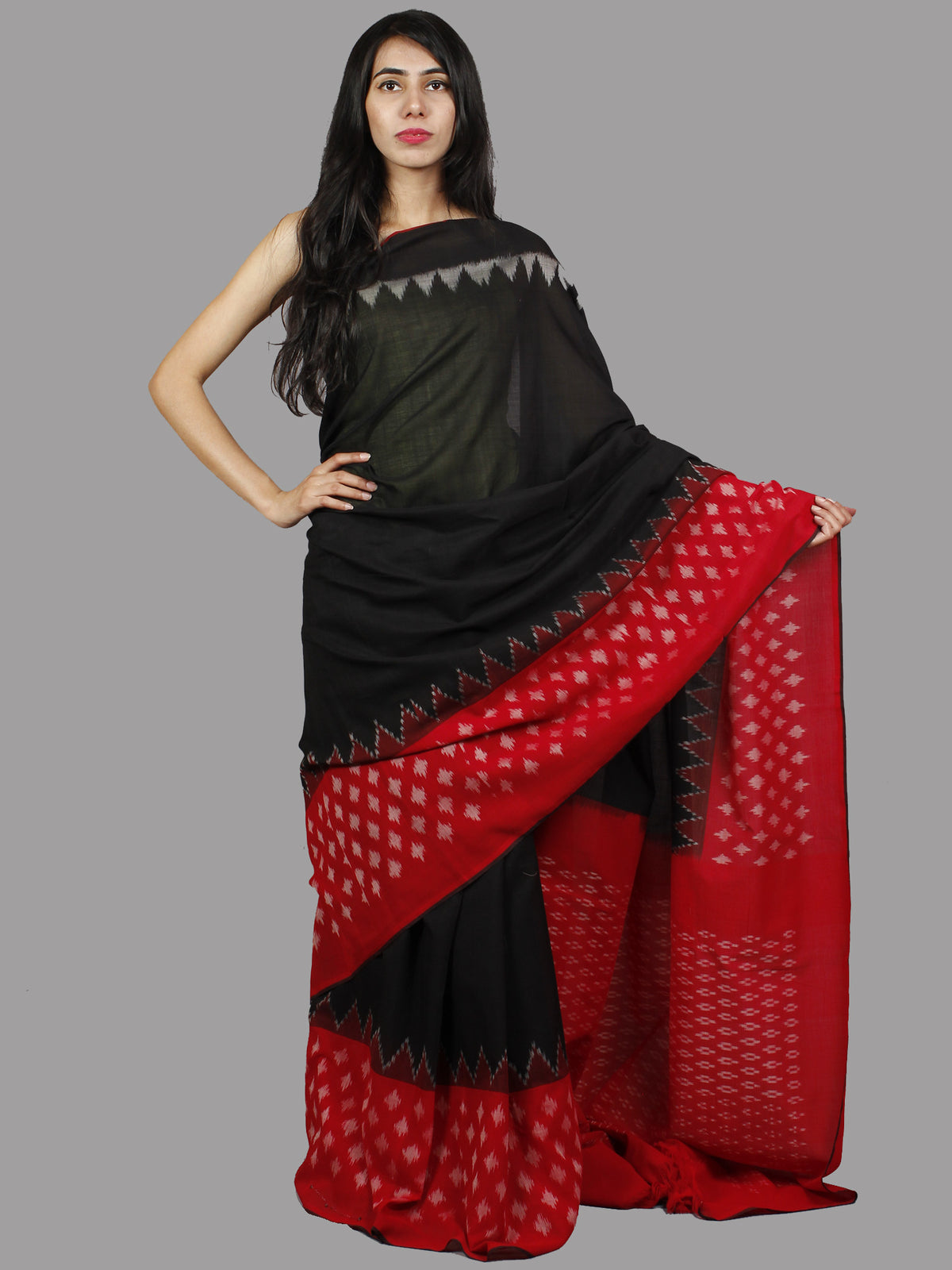 Black Red Maroon Ivory Ikat Handwoven Pochampally Mercerized Cotton Saree - S031701441