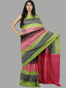 Pink Green Black Grey Ikat Handwoven Pochampally Mercerized Cotton Saree - S031701442