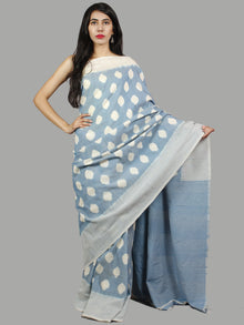 Pastel Blue Ivory Ikat Handwoven Pochampally Mercerized Cotton Saree - S031701446