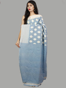 Pastel Blue Ivory Ikat Handwoven Pochampally Mercerized Cotton Saree - S031701446