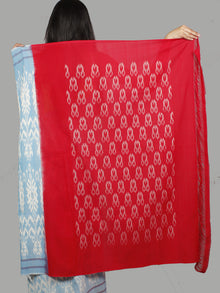 Pastel Blue Red Ivory Ikat Handwoven Pochampally Mercerized Cotton Saree - S031701448