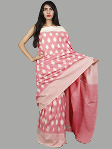 Pastel Pink Ivory Ikat Handwoven Pochampally Mercerized Cotton Saree - S031701449