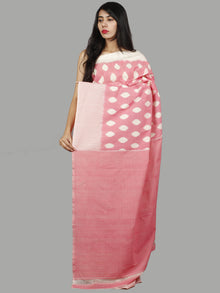 Pastel Pink Ivory Ikat Handwoven Pochampally Mercerized Cotton Saree - S031701449