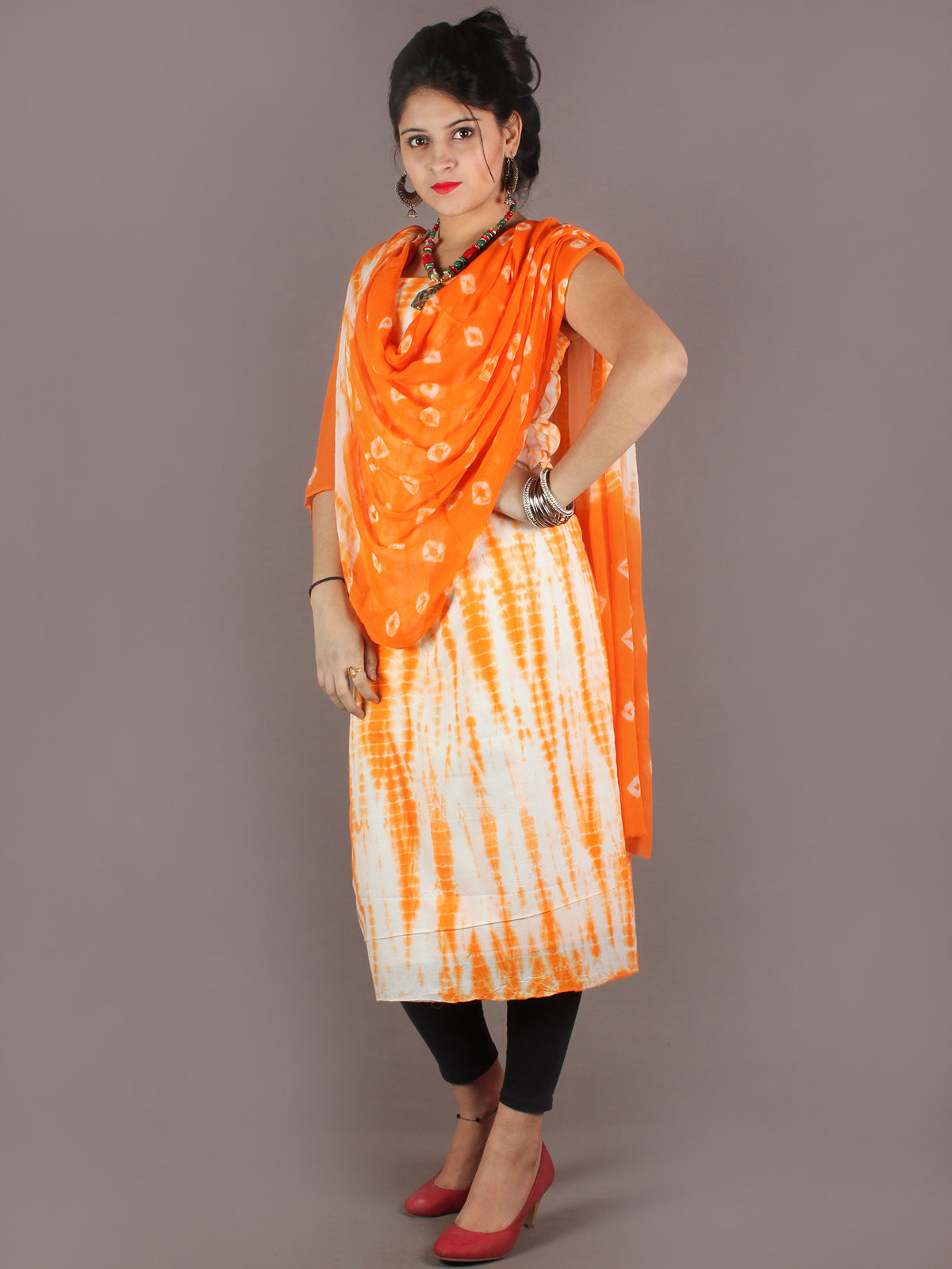 Orange White Hand Shibori Dyed Cotton Suit-Salwar Fabric With Chiffon Dupatta - S1628145