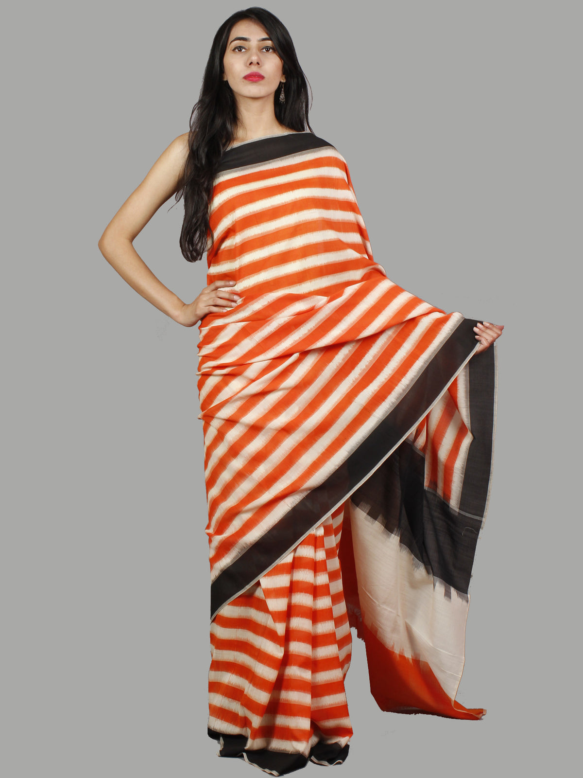 Orange Ivory Black Ikat Handwoven Pochampally Mercerized Cotton Saree - S031701455