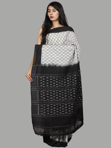 Black Grey Ivory Ikat Handwoven Pochampally Mercerized Cotton Saree - S031701459