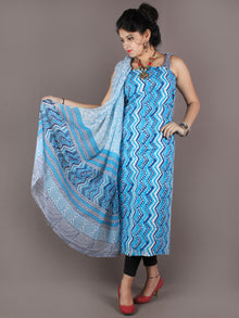 Sky Blue White Indigo Hand Block Printed Cotton Suit-Salwar Fabric With Chiffon Dupatta - S1628146