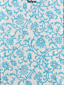 Sky Blue White Indigo Hand Block Printed Cotton Suit-Salwar Fabric With Chiffon Dupatta - S1628146