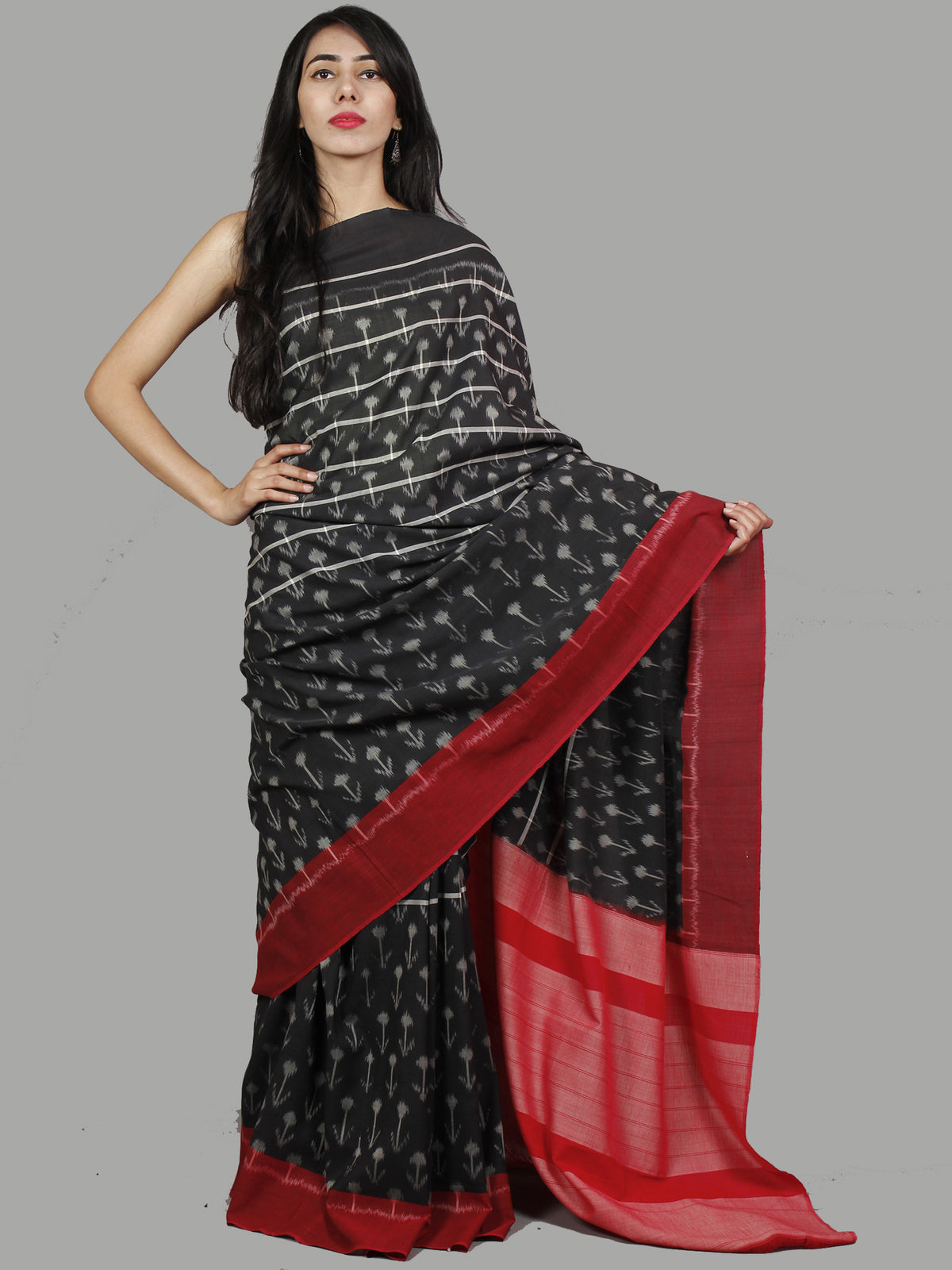 Black Maroon Red Grey Ivory Handwoven Pochampally Mercerized Cotton Saree - S031701460