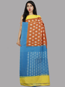 Pastel Brown Yellow Blue Ivory Handwoven Pochampally Mercerized Cotton Saree - S031701461
