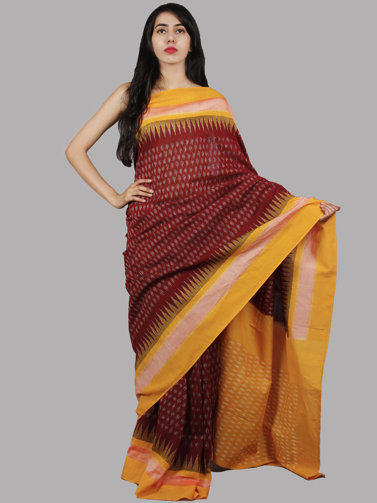 Maroon Yellow Ivory Handwoven Pochampally Mercerized Cotton Saree - S031701464