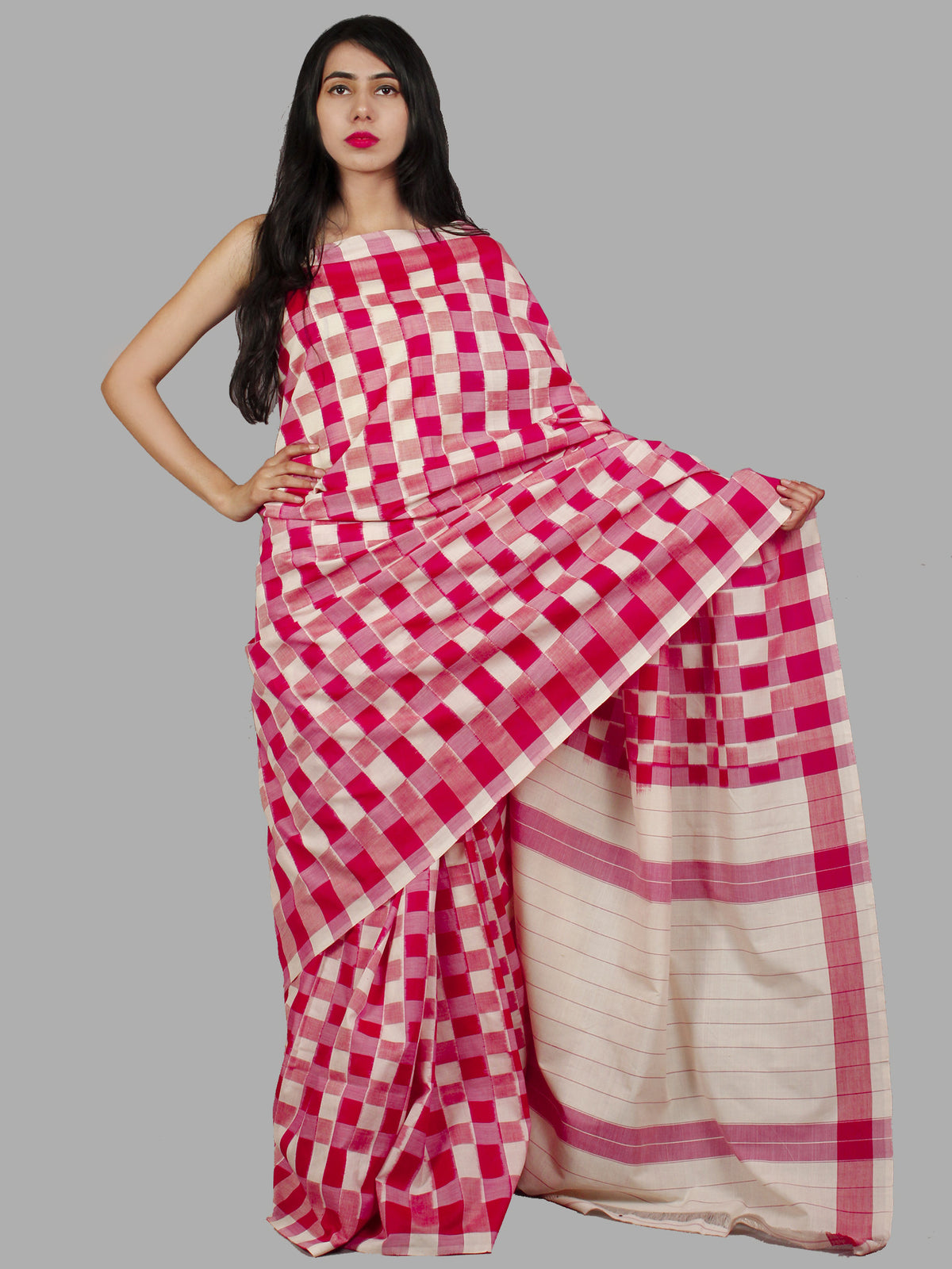 Pink Red Ivory Double Ikat Handwoven Pochampally Mercerized Cotton Saree - S031701465
