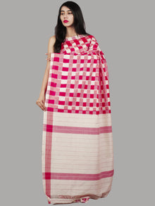 Pink Red Ivory Double Ikat Handwoven Pochampally Mercerized Cotton Saree - S031701465
