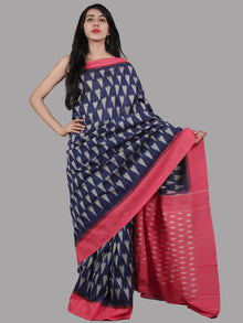 Indigo Pink Grey Handwoven Pochampally Mercerized Cotton Saree - S031701467