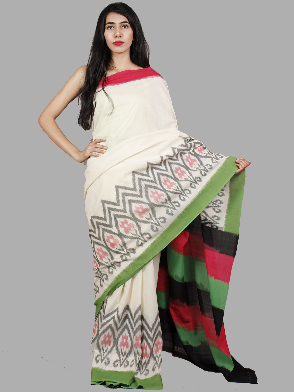Ivory Green Pink Black Grey Handwoven Pochampally Mercerized Cotton Saree - S031701468