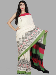 Ivory Green Pink Black Grey Handwoven Pochampally Mercerized Cotton Saree - S031701468