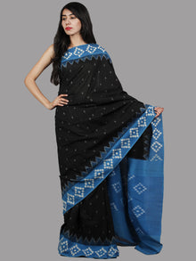 Black Blue White Handwoven Pochampally Mercerized Cotton Saree - S031701470