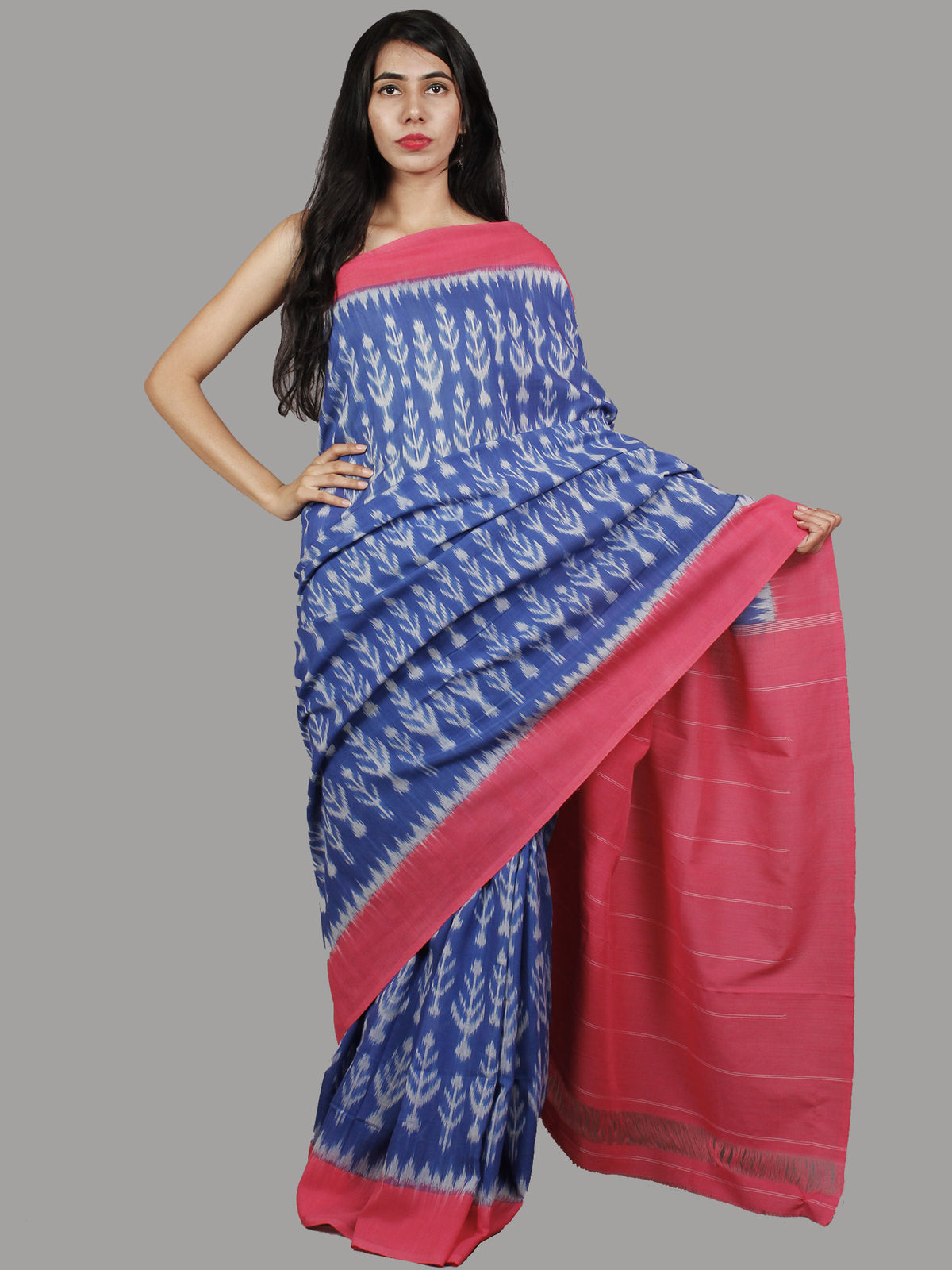 Cobalt Blue Pink Grey Ivory Handwoven Pochampally Mercerized Cotton Saree - S031701479