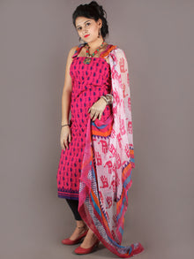 Pink Indigo Hand Block Printed Cotton Suit-Salwar Fabric With Chiffon Dupatta - S1628148