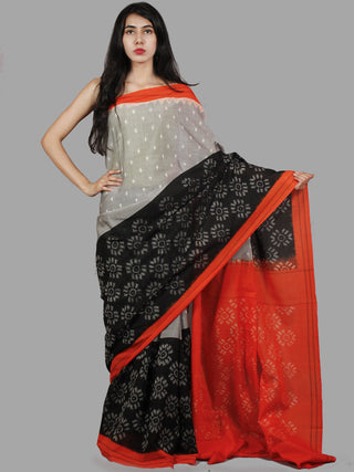 Black Grey Orange Ivory Handwoven Pochampally Mercerized Cotton Saree - S031701480