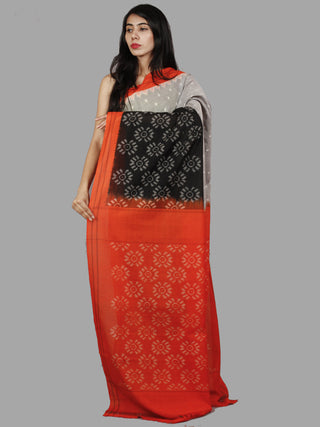 Black Grey Orange Ivory Handwoven Pochampally Mercerized Cotton Saree - S031701480