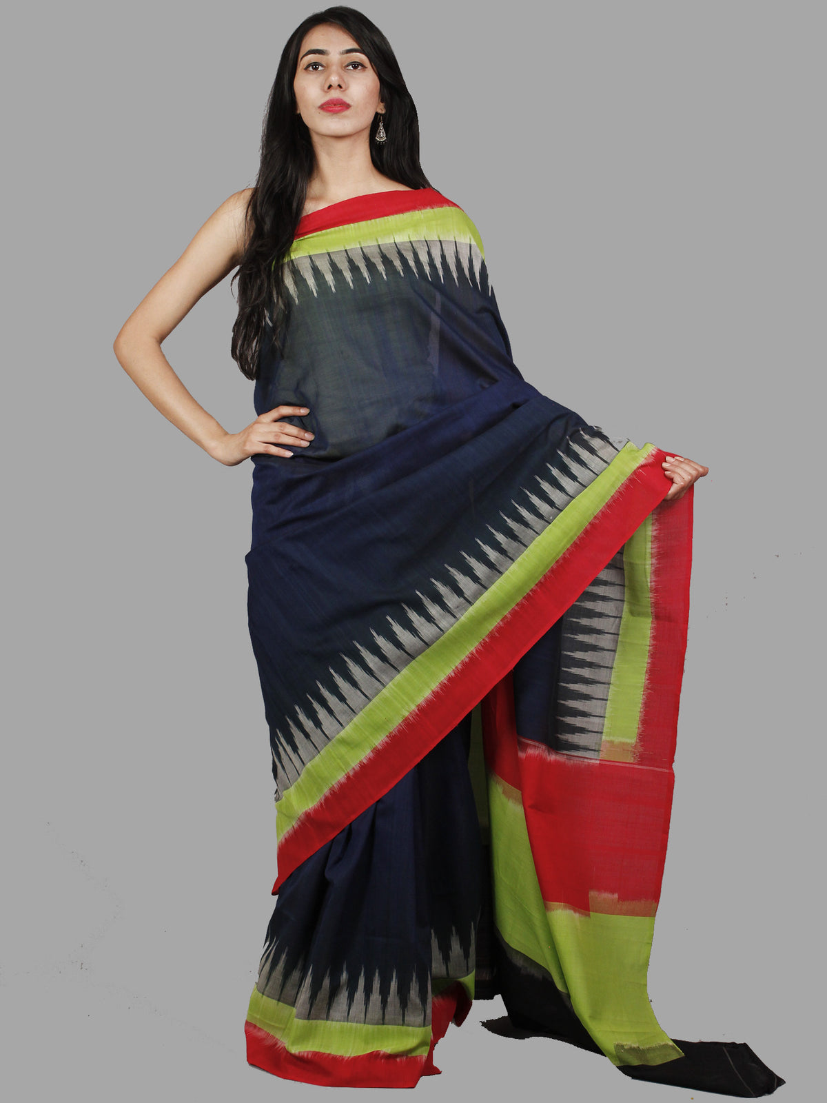 Deep Indigo Green Red Grey Handwoven Pochampally Mercerized Cotton Saree - S031701482