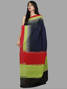 Deep Indigo Green Red Grey Handwoven Pochampally Mercerized Cotton Saree - S031701482