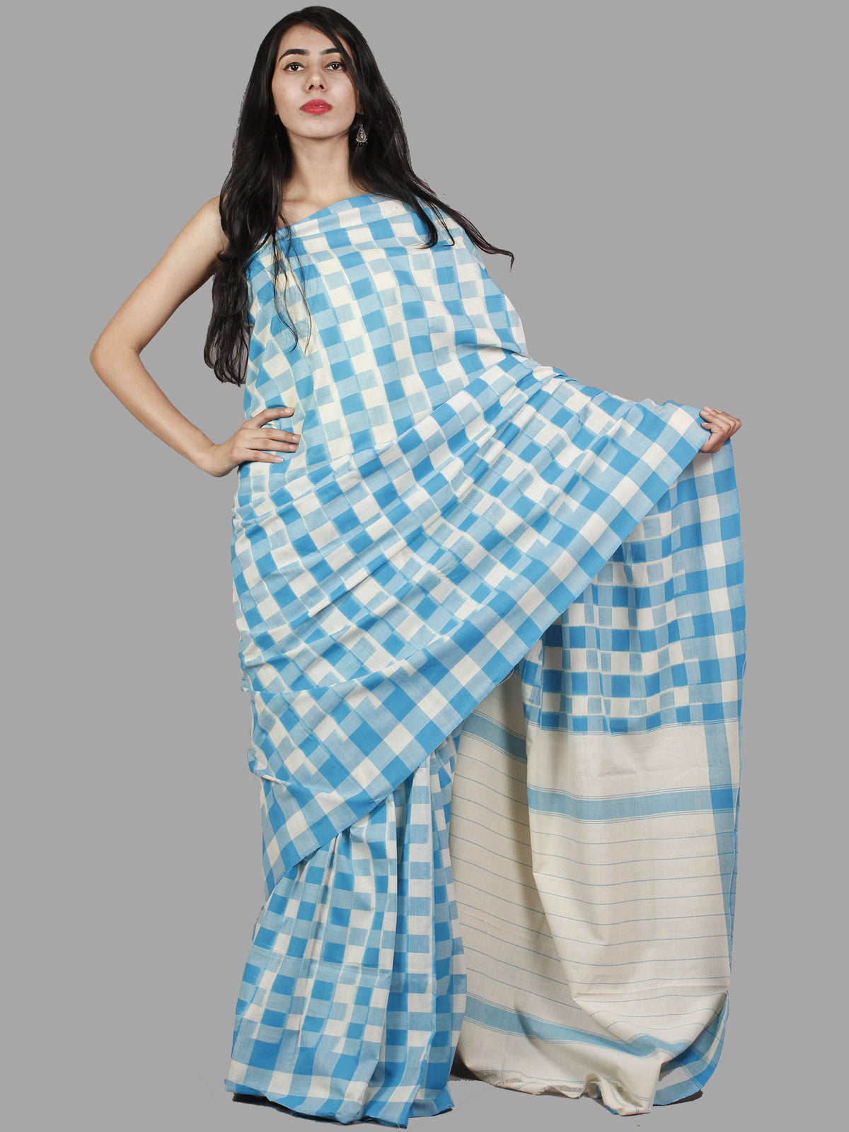 Pastel Blue Ivory Double Ikat Handwoven Pochampally Mercerized Cotton Saree - S031701483
