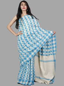 Pastel Blue Ivory Double Ikat Handwoven Pochampally Mercerized Cotton Saree - S031701483