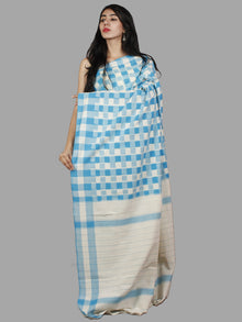 Pastel Blue Ivory Double Ikat Handwoven Pochampally Mercerized Cotton Saree - S031701483