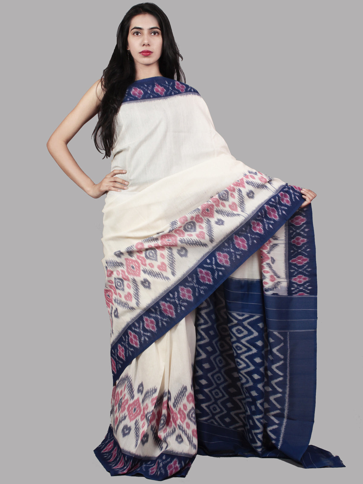 Ivory Indigo Purple Pink Grey Ikat Handwoven Pochampally Mercerized Cotton Saree - S031701486