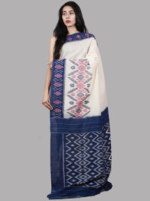 Ivory Indigo Purple Pink Grey Ikat Handwoven Pochampally Mercerized Cotton Saree - S031701486